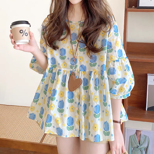 【トップス】ブラウス 夏 パフスリーブ 花柄 コットンリネン ゆったり 体型カバー 若見え シャツ【SHシリーズ】