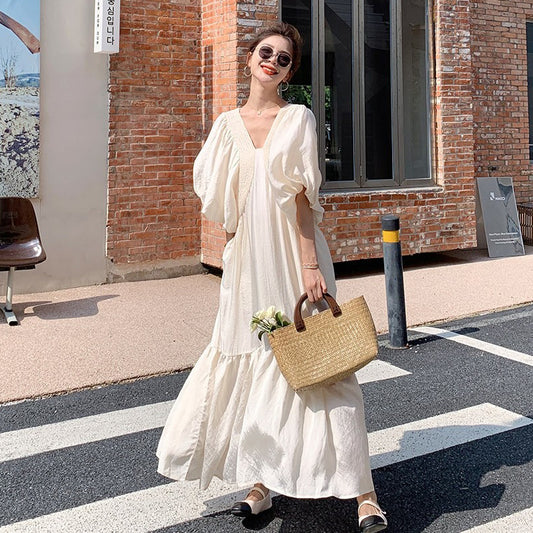 【ワンピース】フレンチ風 高級感 Vネック バルーンスリーブ 半袖ワンピース ゆったりスリム見え 気品リゾート ロングドレス【JZシリーズ】