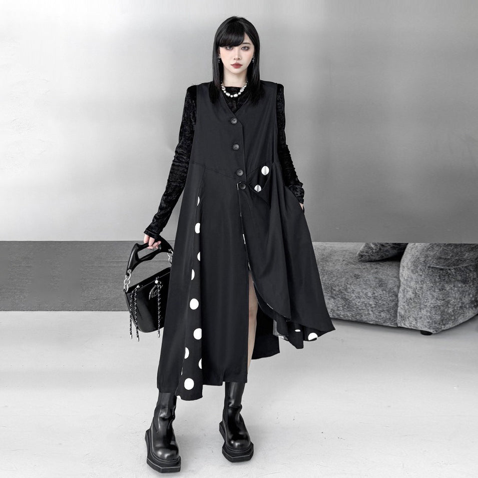 【トップス】不規則デザイン ドット柄 ロングベスト レディース 春秋 新作 ファッション【AHシリーズ】