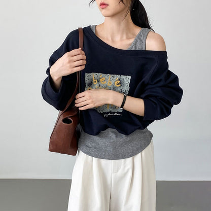 【トップス】韓国風 デザイン スウェット レディース ワンショルダー フェイクレイヤード プリント ゆったり カジュアル 着回し【JZシリーズ】