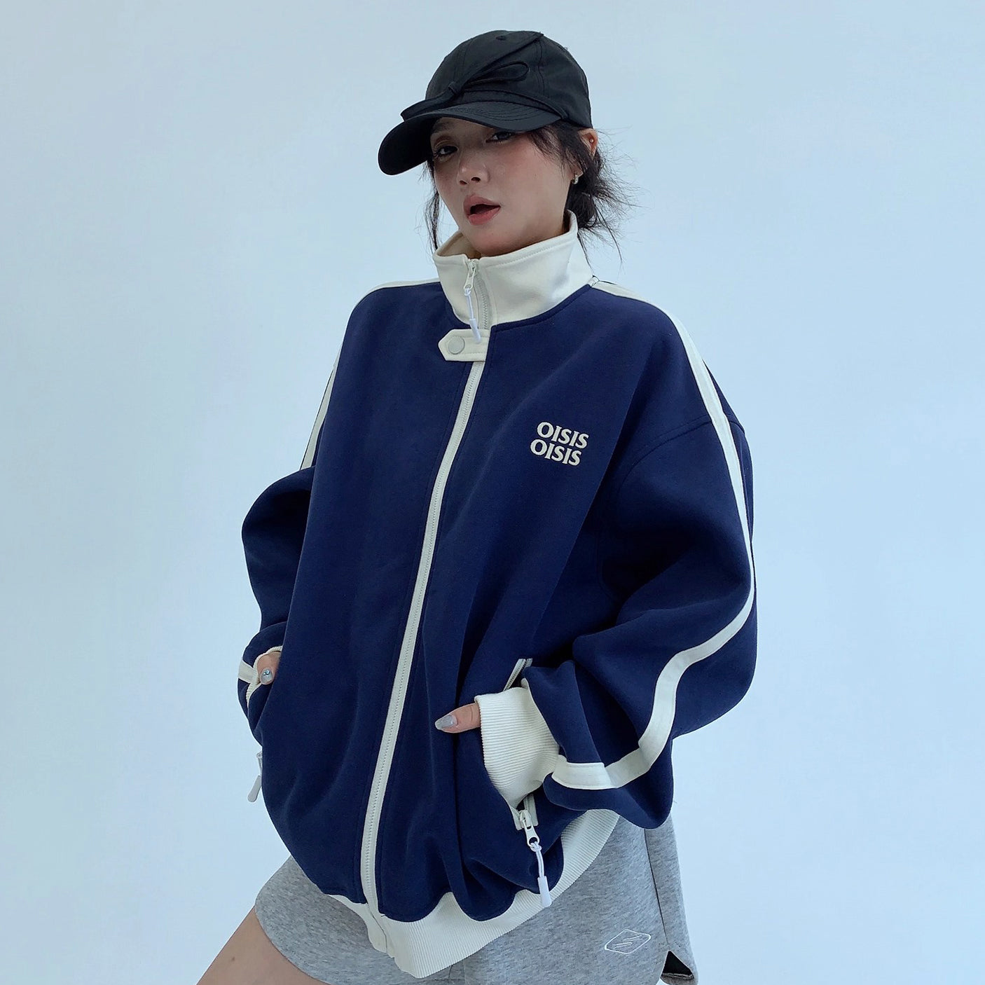 【アウター】ユニセックス スタンドカラーショートブルゾン アメカジ風 配色切り替え ビッグシルエット【FCシリーズ】【10～15日内発送】