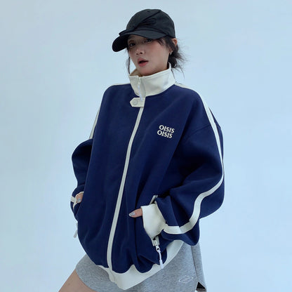 【アウター】ユニセックス スタンドカラーショートブルゾン アメカジ風 配色切り替え ビッグシルエット【FCシリーズ】【10～15日内発送】