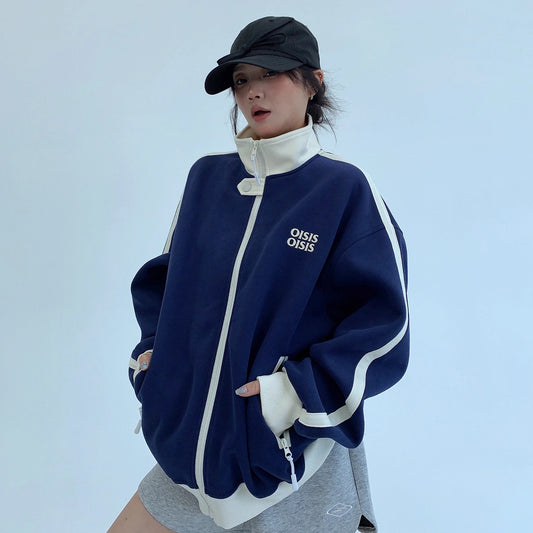 【アウター】ユニセックス スタンドカラーショートブルゾン アメカジ風 配色切り替え ビッグシルエット【FCシリーズ】【10～15日内発送】