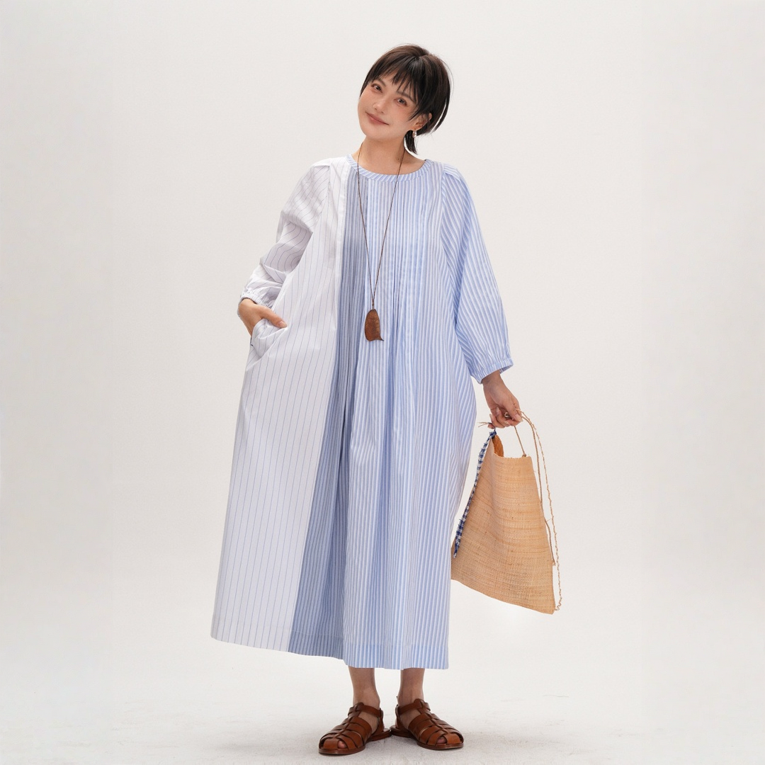 【ワンピース】【15～20日内発送】ルーズスタイル 切り替えデザイン ストライプ  長袖 ワンピース 【JZシリーズ】