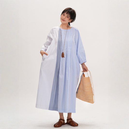 【ワンピース】【15～20日内発送】ルーズスタイル 切り替えデザイン ストライプ  長袖 ワンピース 【JZシリーズ】