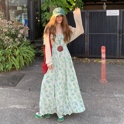 【ワンピース】大きいサイズ レディース 夏新作 グリーン 花柄 キャミワンピース 温柔風 気質 フレア ノースリーブ ロングワンピース【SHシリーズ】