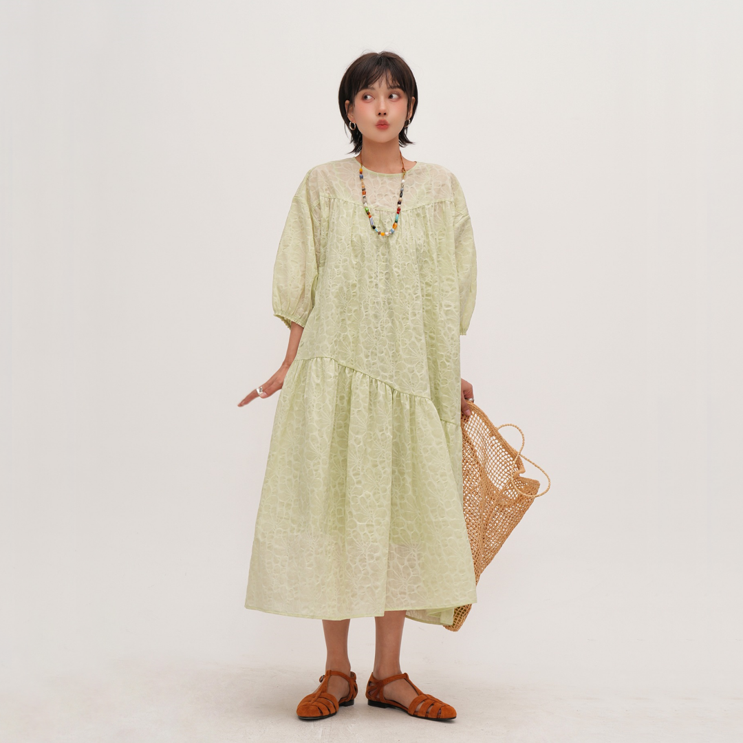 【ワンピース】夏 青みグリーン 楊柳 コットン フレンチラウンドネック 半袖 ワンピース 【SHシリーズ】