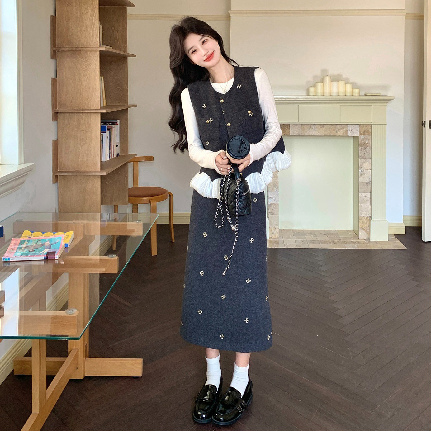 2点セット！【セットアップ】シャネル風 刺繍ベスト＆スカート 上下セット 2026春新作 上品 レディース【SHシリーズ】