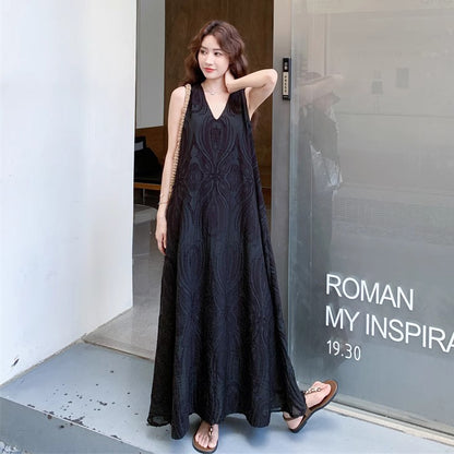 【ワンピース】ジャカードノースリーブワンピース レディース Vネック ロング丈 夏新作【JZシリーズ】