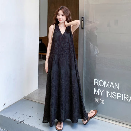 【ワンピース】ジャカードノースリーブワンピース レディース Vネック ロング丈 夏新作【JZシリーズ】