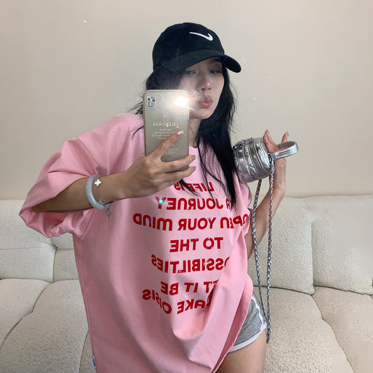 【トップス】高級感 フロッキー レッド アルファベット プリント コットン 半袖 Tシャツ【FCシリーズ】