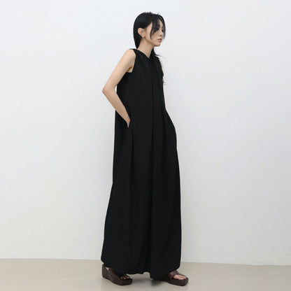 【ワンピース】韓国chicミニマルノースリーブワンピース｜クルーネック 大人シンプルロングドレス【JZシリーズ】
