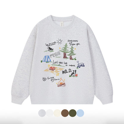 6カラー | S~3XL【トップス】アウトドアグラフィック 手描き風 デザイナーズシリーズ クルーネックスウェット 学院風 ゆったり パーカー【FCシリーズ】