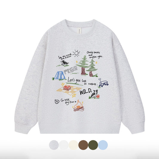 6カラー | S~3XL【トップス】アウトドアグラフィック 手描き風 デザイナーズシリーズ クルーネックスウェット 学院風 ゆったり パーカー【FCシリーズ】