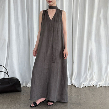 【ワンピース】韓国系シックVネック 夏用 100%苎麻 ノースリーブワンピース【JZシリーズ】