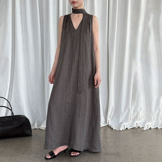 【ワンピース】韓国系シックVネック 夏用 100%苎麻 ノースリーブワンピース【JZシリーズ】