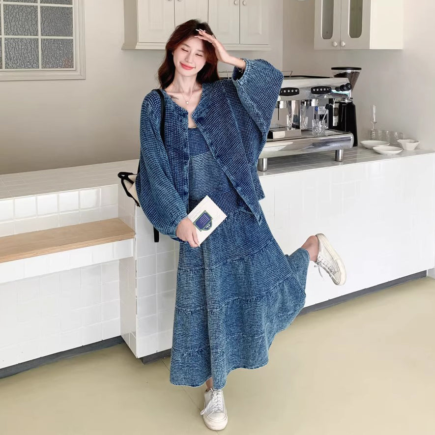 3点セット！【セットアップ】チェック柄デニムジャケット 3点上下セット レディース 春秋 大人可愛い 個性的 おしゃれスタイル【JZシリーズ】