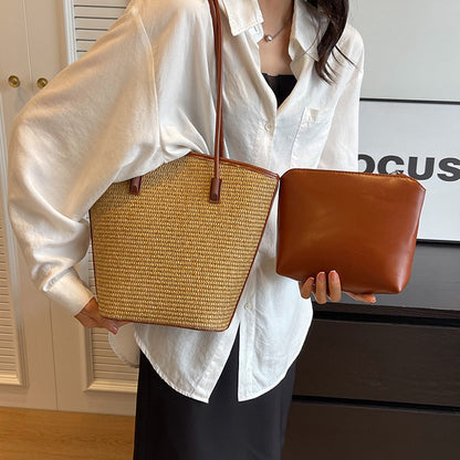 内袋プレゼント！【バッグ】ラフィア風トートバッグ 大容量 通勤OK 流行バケツ型ショルダー