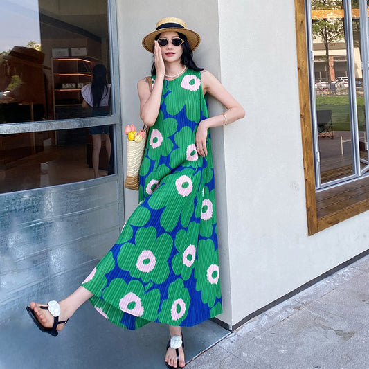 【ワンピース】フレンチ 海辺リゾート ビーチ プリーツプリント ノースリーブワンピース【SHシリーズ】