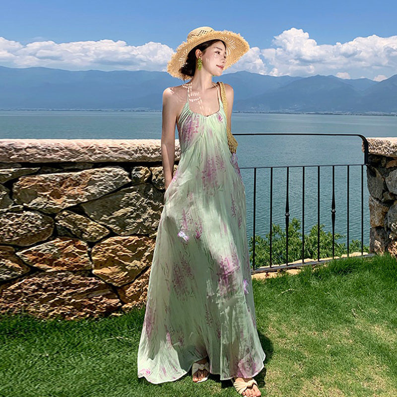 【ワンピース】フレンチリゾート風 花柄ワンピース レディース 夏 バックオープン ノースリーブ ロング丈 上品【SHシリーズ】