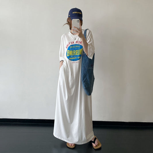 【ワンピース】Tシャツワンピース レディース ヴィンテージプリント 半袖 リラックスシルエット ロング丈 夏新作【FCシリーズ】