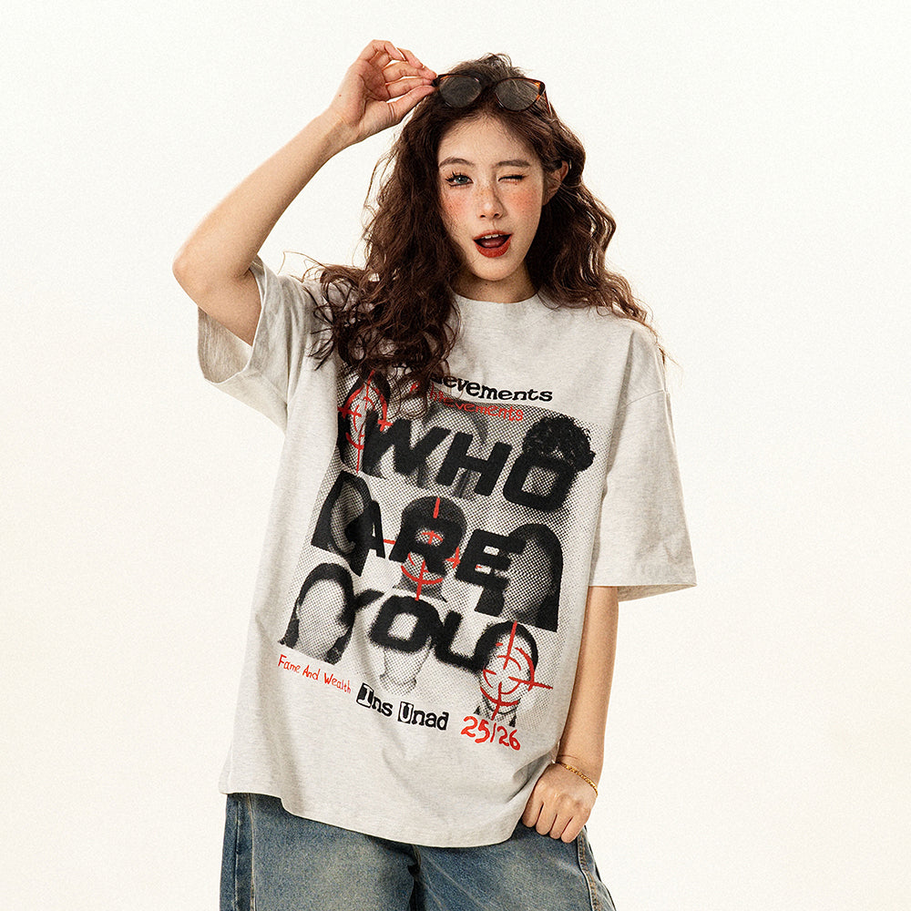 【トップス】アメリカンレトロ 顔プリント 半袖Tシャツ レディース 夏 ゆったり カジュアル ペアコーデ【FCシリーズ】【15〜20日発送】