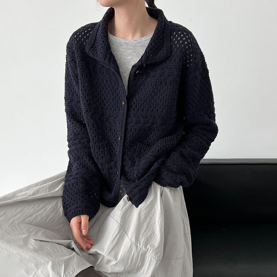 【アウター】レトロクロシェ風透かし編みニットカーディガン｜折り襟×長袖の大人可愛い【JZシリーズ】