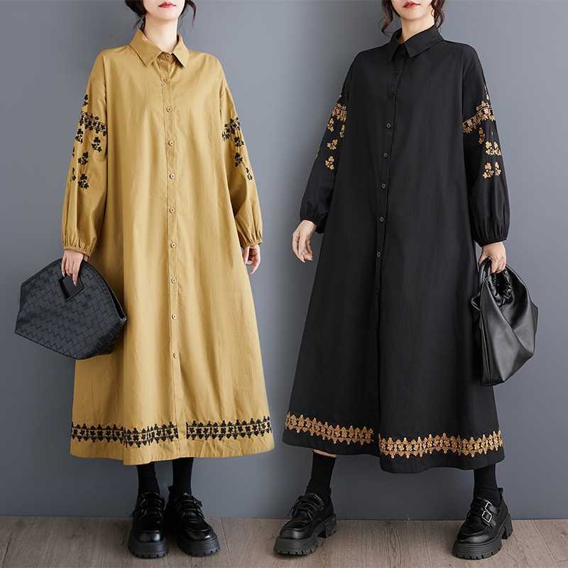 【ワンピース】春 秋 冬 刺繍 スイート 切り替え シャツ  長袖 ワンピース 【SHシリーズ】