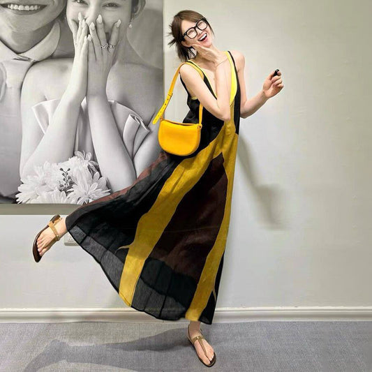 【ワンピース】フレンチレトロ配色 タイダイ風 プリント Vネックキャミワンピース 夏新作 バックオープン ゆったり ノースリーブ【JZシリーズ】