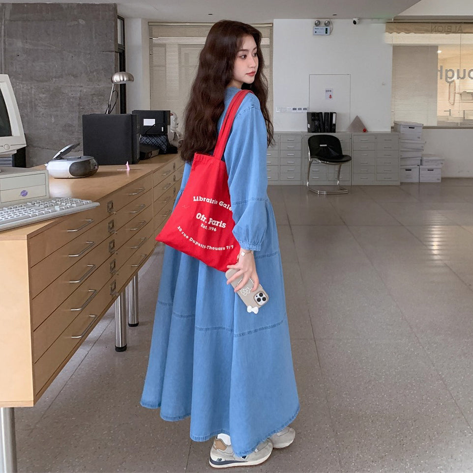 【ワンピース】デニムロング 長袖ワンピース 春秋 2025新作 レトロカジュアル 細見え 優しげフェミニン ドーパミンスタイル【JZシリーズ】