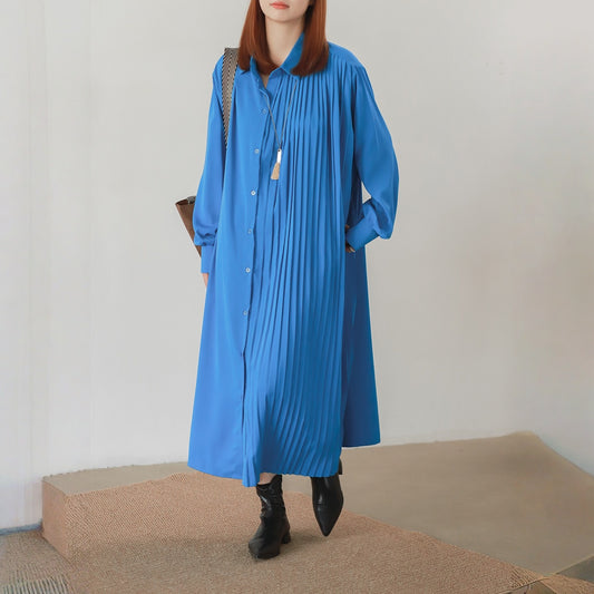 【ワンピース】春 秋 冬 プリーツ ターンダウンカラー シャツ 長袖 ワンピース 【JZシリーズ】
