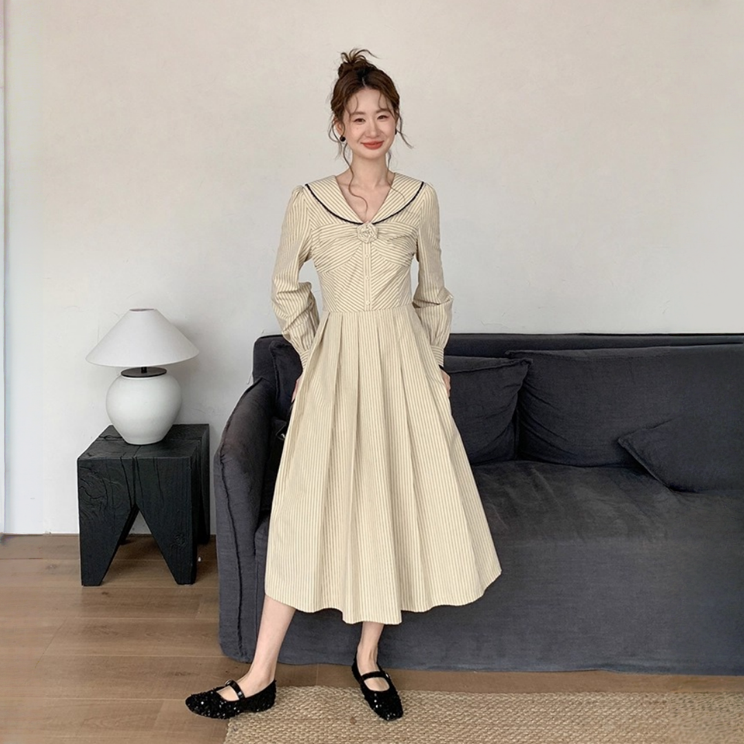 【ワンピース】春 秋 セーラーカラー ストライプ デザイン感 ロング丈 長袖 ワンピース 【JZシリーズ】