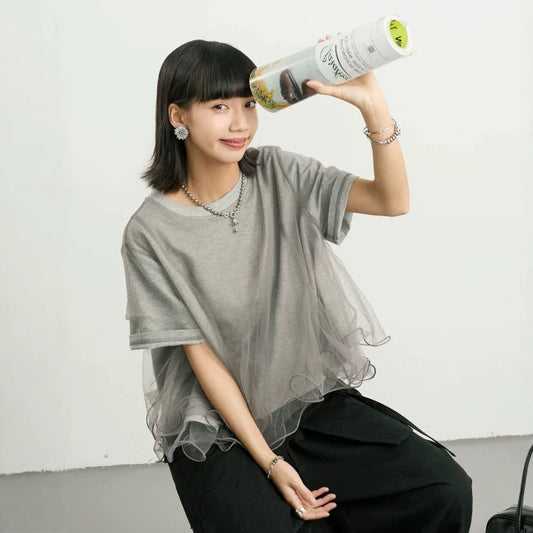 【トップス】メッシュ切替 Tシャツ レディース クルーネック 通勤対応 体型カバー レイヤード風【JZシリーズ】