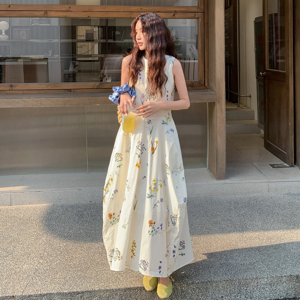 【ワンピース】小花柄ワンピース レディース 白 フレンチ風 ノースリーブ 背心タイプ ゆったり 体型カバー 細見え【SHシリーズ】