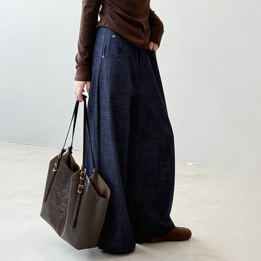 【ボトムス】シンプルカジュアル ワイドデニムパンツ レディース 春秋 ハイウエスト ゆったり スリム見え ドレープ感 フロアレングスパンツ【JZシリーズ】