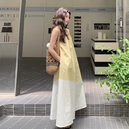 【ワンピース】切り替え ライトイエロー ノースリーブ タンクワンピース レディース 夏 ゆったり スタイルアップ ロング丈【JZシリーズ】