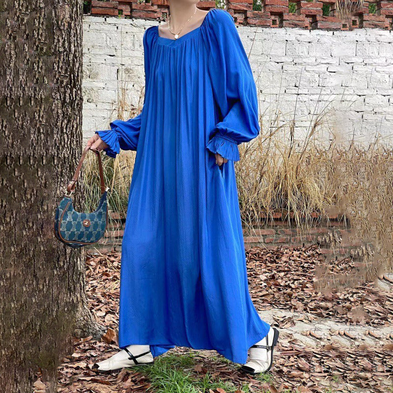 【ワンピース】夏春秋 全7色 韓国風オフショルダー ゆったり シルエットでスリムに見える 長袖ワンピース