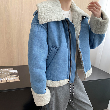 【アウター】秋冬用 高級感 フェイクボア デニムジャケット レディース ビッグカラー 綿入れコート【SNシリーズ】