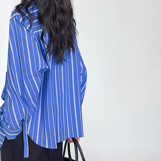 【トップス】秋先取り 韓国風ナチュラル ブルーストライプ ゆったりシャツ【JZシリーズ】