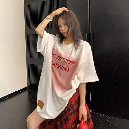 【トップス】ヴィンテージ風 立体刺繍 ダメージ加工 半袖Tシャツ 夏 ルーズ リラックス カジュアル【FCシリーズ】