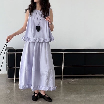 【セットアップ】夏新作 清涼感たっぷり フリルタンクトップ＋スカート 上下セット【SNシリーズ】