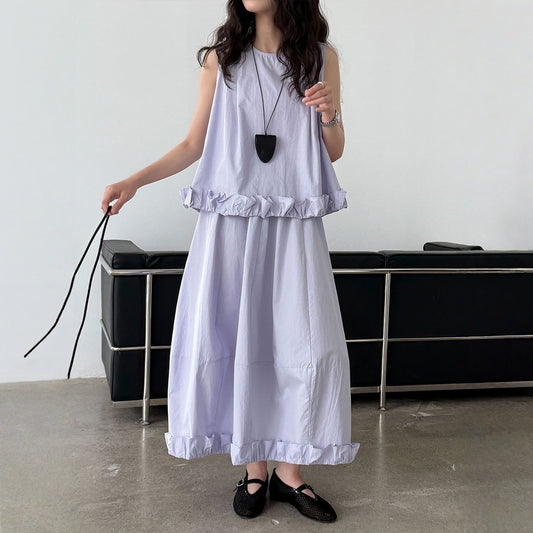 【セットアップ】プリーツ デザイン性 フリル ノースリーブトップス + ＋バルーンスカート 2点上下セット 【JZシリーズ】