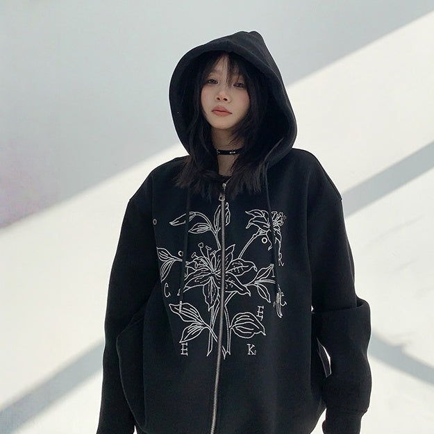 アウター】春 秋 冬 フード付き 刺繍 厚手 パーカー 【FC