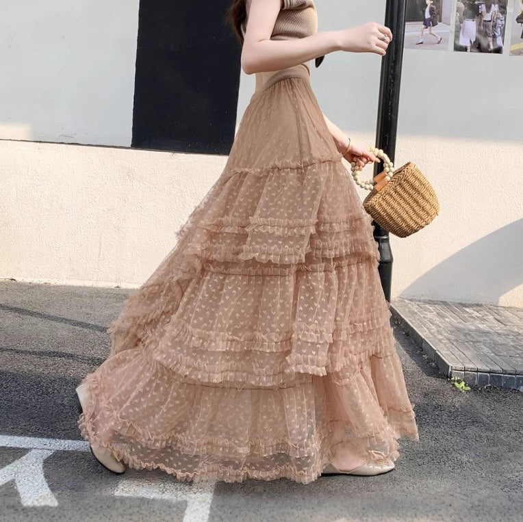 【ボトムス】チュールスカート ハート柄 フレアロング ふんわり大ボリューム 体型カバー 大きめサイズ ケーキスカート【JZシリーズ】