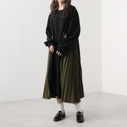 【24AW】【ワンピース】レトロ ラウンドネック 配色 ルーズ  切り替え 長袖ワンピース