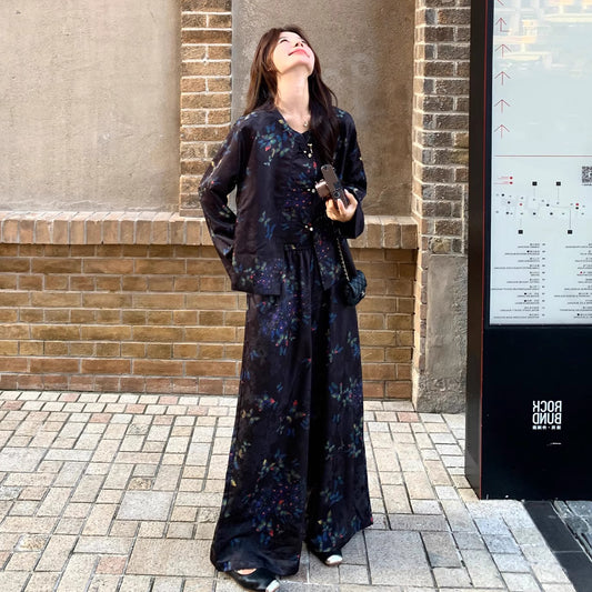 2点セット！【セットアップ】レトロ 中国風セット レディース 2025秋新作 チャイナボタン トップス＋ワイドパンツ 上下セット【SHシリーズ】