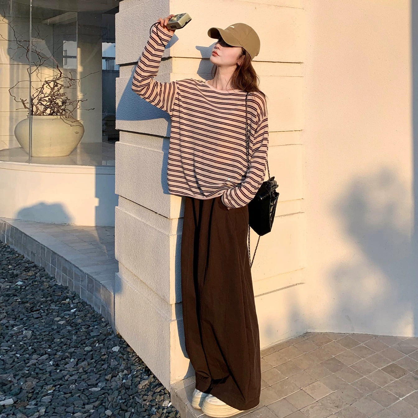 2点セット！【セットアップ】韓国風ボーダーニット＆ワイドパンツ 上下セット レディース 大人可愛い ゆったり 秋コーデ【JZシリーズ】
