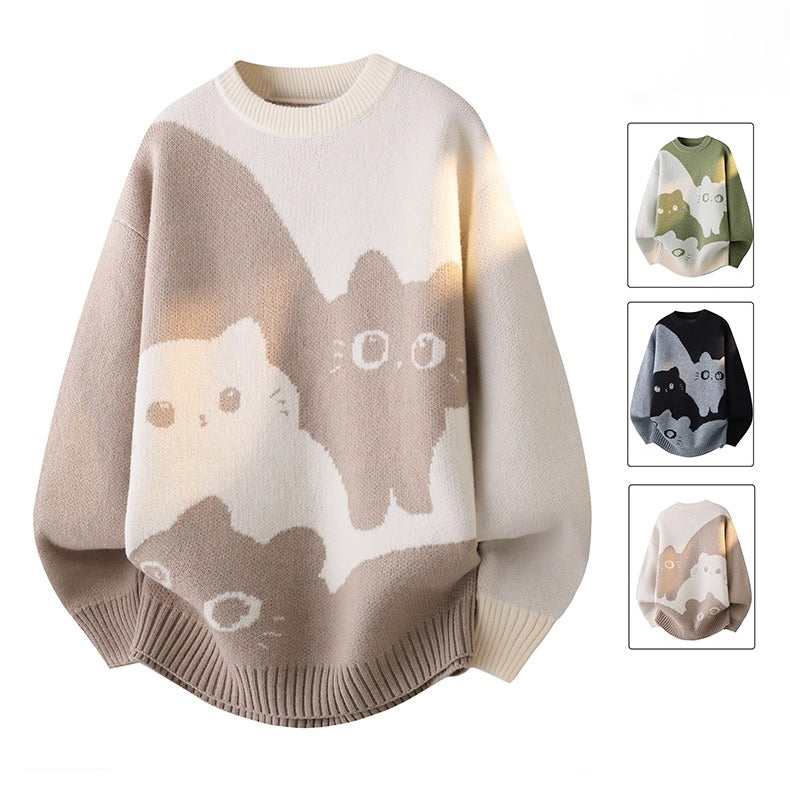 【トップス】カートゥーン猫柄 裏起毛 ニット 秋冬 メンズ レディース 高級感 ユニセックス【FCシリーズ】