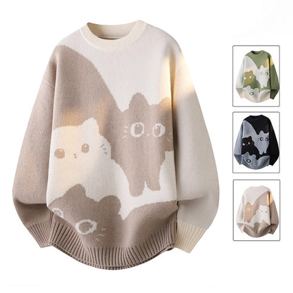 【トップス】カートゥーン猫柄 裏起毛 ニット 秋冬 メンズ レディース 高級感 ユニセックス【FCシリーズ】