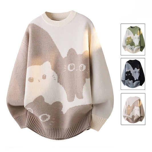 【トップス】カートゥーン猫柄 裏起毛 ニット 秋冬 メンズ レディース 高級感 ユニセックス【FCシリーズ】